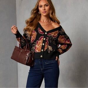 Vici Black and Orange Floral Cardigan